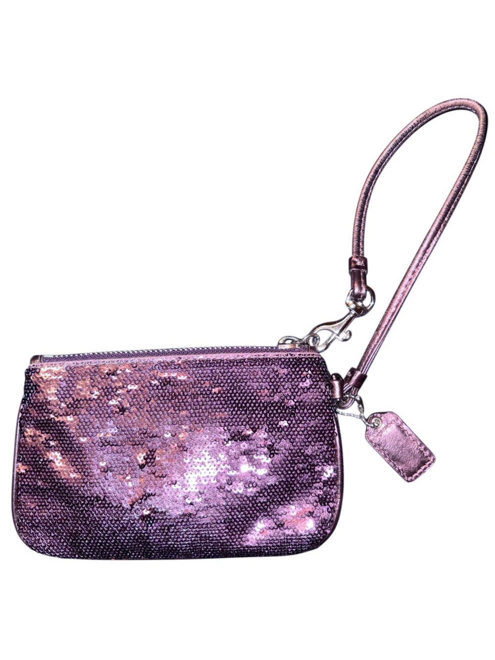 Coach Poppy Purple Sequin Glam Wristlet with Heart Charm Zipper Pull - Mid 2000s - Picture 2 of 6